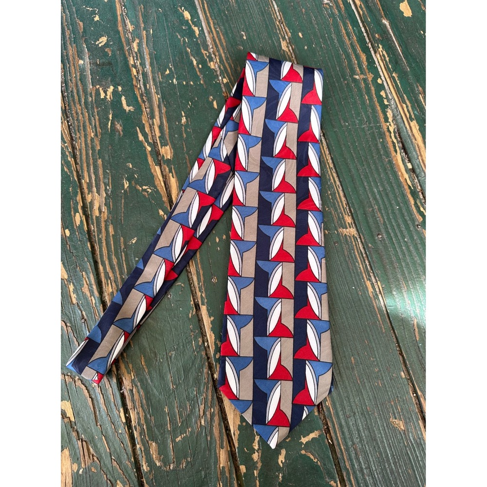 Town Craft Mens Geometric Abstract Tie Red Blue Tan Made in USA A4230